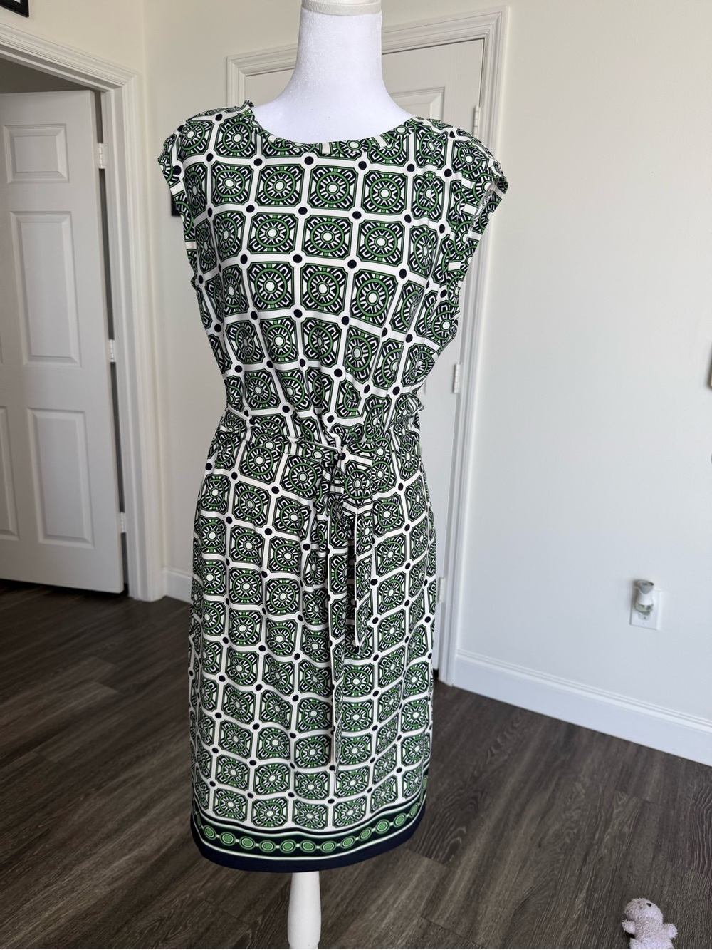 Brooks Brothers Green and White Geometric Tie-Waist Midi Dress
